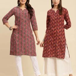 Rangita Pink & Brown Cotton Printed Straight Kurta - Pack Of 2-image-4