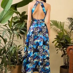 mabish by sonal jain Backless overlap Asymmetric Midi Dress in Blue Abstract Brush stroke Print image 2