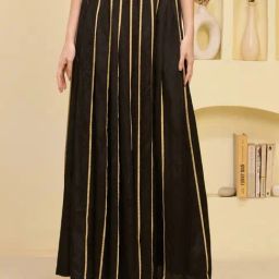 First Resort By Ramola Bachchan Black And Golden Pleated Mid Rise Fitted Maxi Skirt-image-81