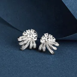 TEEJH Silver-Plated Contemporary Cubic Zirconia Studded Studs-29