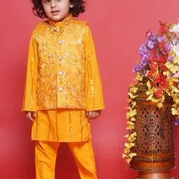 Little Bansi Boys Yellow Embroidered Full Sleeves Kurta, Dhoti with Nehru Jacket-image-91