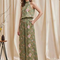 B77 Freena Forest Printed Halter Neck Satin Jumpsuit-image-4