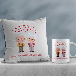 eCraftIndia Multicolor Ceramic Old Couple Hearts Print Cushion & Mug Gift Set-28