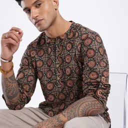 Anouk Rustic Band Collar Ethnic Motifs Printed Roll-Up Sleeves Kurta-7