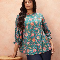 all about you Plus Size Floral Print Mandarin Collar Puff Sleeve Shirt Style Top-image-29
