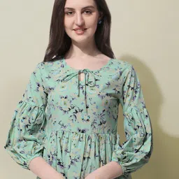 Oomph! Floral Printed Tie-Up Neck Puff Sleeves Top-image-30