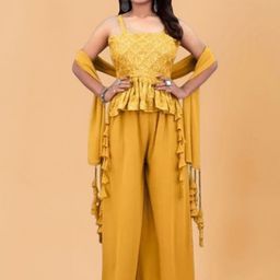 PARROT CREATION Women Embroidered Regular Sequinned Top with Sharara & With Dupatta-53