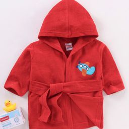 Babyhug Cotton Full Sleeves Airplane Embroidery Hooded Bath Rob - Red-image-25