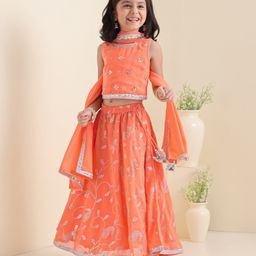 Babyhug Sleeveless Embroidered Choli Wth Embossed Print Lehenga and Dupatta Set - Coral-image-66