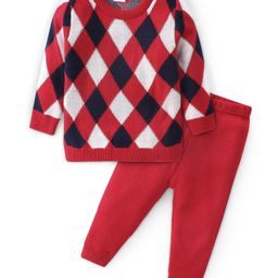 Babyhug Knitted Full Sleeves Sweater Set With Checkered - Red-image-123