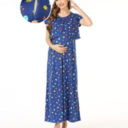 Bella Mama Cotton Knit Half Sleeves Nighty with Concealed Zipper Fruity Print - Royal Blue-picture-7