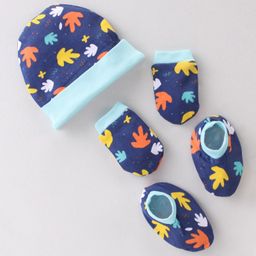 OHMS Interlock Knit Rainbow & Unicorn Print Cap Mittens & Booties Set Blue- Cap Diameter 15 cm-38