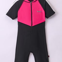 Rovars Cotton Lycra Half Sleeves Solid Color Legged Swimsuit - Pink & Black-picture-25