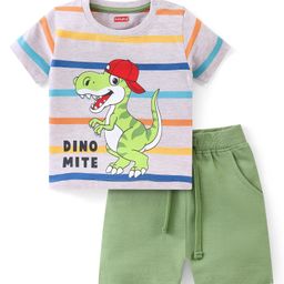 Babyhug Single Jersey Knit Half Sleeves Striped T-Shirt & Shorts Set With Dino Print - Multicolor-image-119