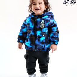 Babyoye Woven Full Sleeves Padded Hooded Jacket with Space Theme Print & Applique - Blue-image-82