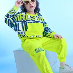 Ollington St. 100% Cotton Knit Full Sleeves Sweatshirt & Loose Fit Joggers Set With Text Print - Green & Blue-picture-12