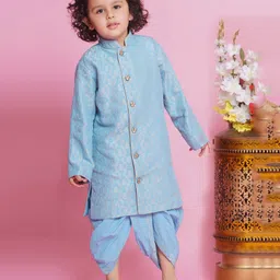 Little Bansi Jacquard Full Sleeves Floral Printed Kurta & Dhoti - Blue-picture-8