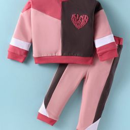 ToffyHouse 100% Cotton Knit Full Drop Shoulder Sleeves Cut & Sew Sweatshirt with Puff Print & Lounge Pants Set - Pink & Brown-image-14