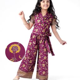 EARTHY TOUCH Single Jersey Knit Half Sleeves Top & Palazzo Set With Foil Floral Print - Wine-image-14