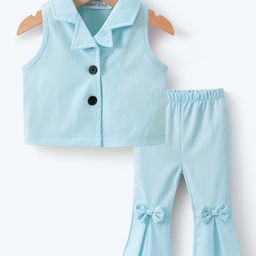 Mark & Mia Sleeveless Shirt Styled Top & Legging Set With Bow Applique - Sea Green-image-95