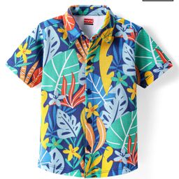 Babyhug Cotton Knit Half Sleeves Shirt With Floral & Leaf Print - Blue-image-94