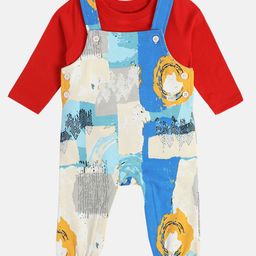 MINI KLUB Cotton Abstract Printed Dungaree With Full Sleeves Tee - Red & White-image-63