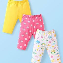 Babyhug Cotton Lycra Knit Three Fourth Length Leggings With Butterfly & Floral Print Pack Of 3 - Yellow Pink & White-image-96