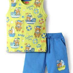 Babyhug Single Jersey Knit Sleeveless Tank T-Shirt & Shorts Set with Teddy Print - Limegreen & Blue-image-28