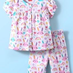 Babyhug Cotton Knit Half Sleeves Capri Co-Ord Night Suit with Animal & Rainbow - White-image-66
