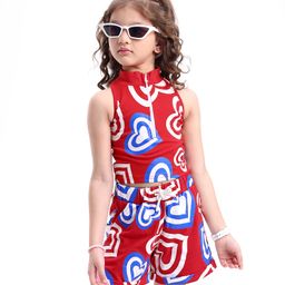 OLLINGTON ST. Cotton Co-ord Set Knit Sleeveless Hearts Printed Top & Shorts - Red-image-91