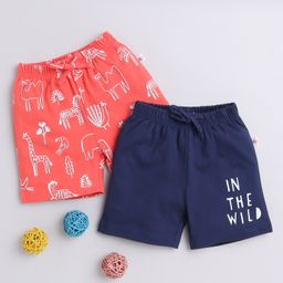 BUMZEE Cotton Woven Above Knee Length Shorts with Jungle Theme Print Pack of 2 - Navy Blue & Coral-image-31