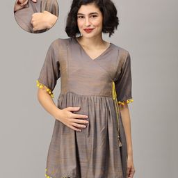 The Mom Store Rayon Full Sleeves Tassels Detailed Maternity Top With Zipper Nursing Access - Multi Colour-image-94