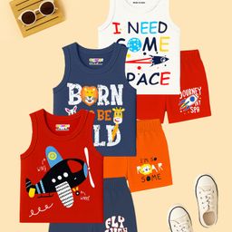 KUCHIPOO Cotton Pack Of 3 Sleeveless Aeroplace & Space Theme Printed Tees & Coordinating Shorts Set - Blue Red White & Orange-25