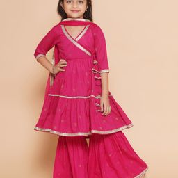Bitiya By Bhama Cotton Woven Three Fourth Sleeves Ethnic Foil Motifs Printed & Gota Lace Embellished Kurta Sharara With Dupatta Set - Pink-image-91