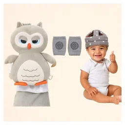 NeonateCare safety combo of Baby Helmet Head Protector and knee pads (Grey star helmet Grey Owl Head protector and multicolor knee pads) - Grey-picture-32