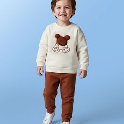 Mark & Mia Cotton Knit Fleece Full Sleeves Oversize Winter Wear Suits Set with Bear Applique Detailing - Brown & Offwhite-picture-5