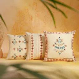 JAYPORE Cream And Red Geometric Cotton Square Cushion Cover-18