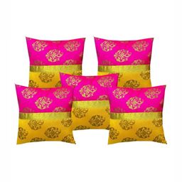 Pink Parrot Yellow & Pink Set of 5 Ethnic Motifs Square Cushion Covers-image-44