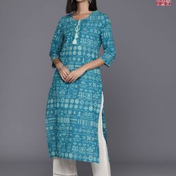 Varanga Selection Of 2 Ethnic Motifs Printed Tie-Up Neck Cotton Straight Kurtas-image-54