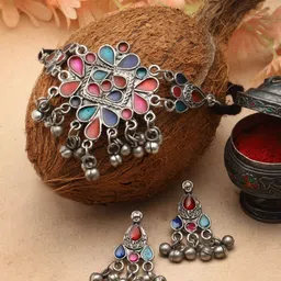 Moedbuille Silver-Plated Oxidised Ghungroo-Studded Meenakari Jewellery Set-image-97