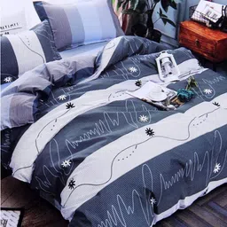 Aura Grey & White Striped 350 TC King Bedsheet with 2 Pillow Covers-image-88
