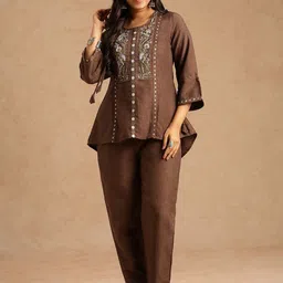 KALINI Women Brown Embroidered A-Line Linen Tunic & Trousers Co-Ord Set-picture-42