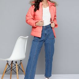 HERE&NOW Women Coral Pink Solid Parka Jacket-image-42