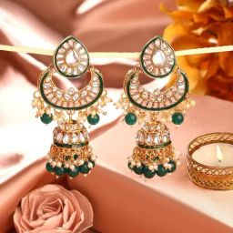 Zaveri Pearls Green Meenakari Crescent Kundan & Beads Traditional Jhumki Earring-ZPFK17618-image-22