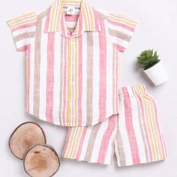 Clt.s Kids Pink & Brown Striped Shirt with Shorts-image-92