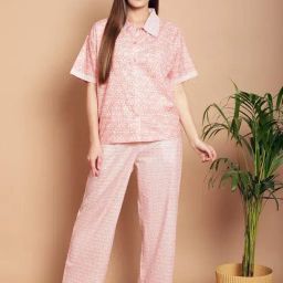 Kanvin Peach Cotton Printed Shirt Pyjamas Set-image-57