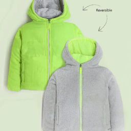 Cherry Crumble By Nitt Hyman Kids Green & Grey Solid Full Sleeves Reversible Jacket-image-32