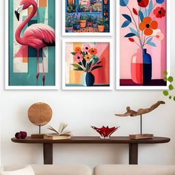 Kotart White & Pink 4 Pieces Swan & Floral Printed Wooden Wall Arts-picture-37