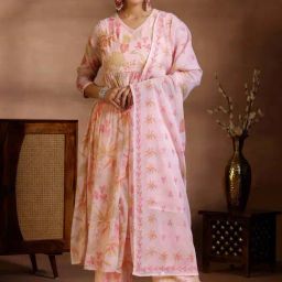 Libas Pink Printed Kurta & Palazzo Set With Dupatta-image-39