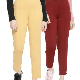 Dollar Missy Beige & Maroon Elasticated Trousers - Pack of 2-image-95